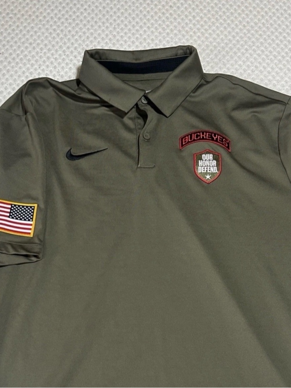 Nike Olive Green Polo with Buckeyes & Flag Patches